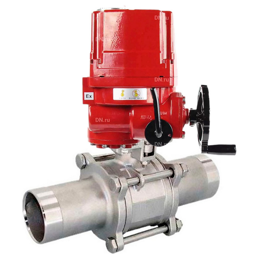 Кран шаровой DN.ru BV3131P(3pc)-FP-W-ISO-H LONG Ду10 Ру63 полнопроходной, корпус - нержавеющая сталь 304, уплотнение - PTFE, под приварку, с 1/4-оборотным электроприводом взрывозащищенным DN.ru QT-EX-010EM-O2-220VAC-У1 220В