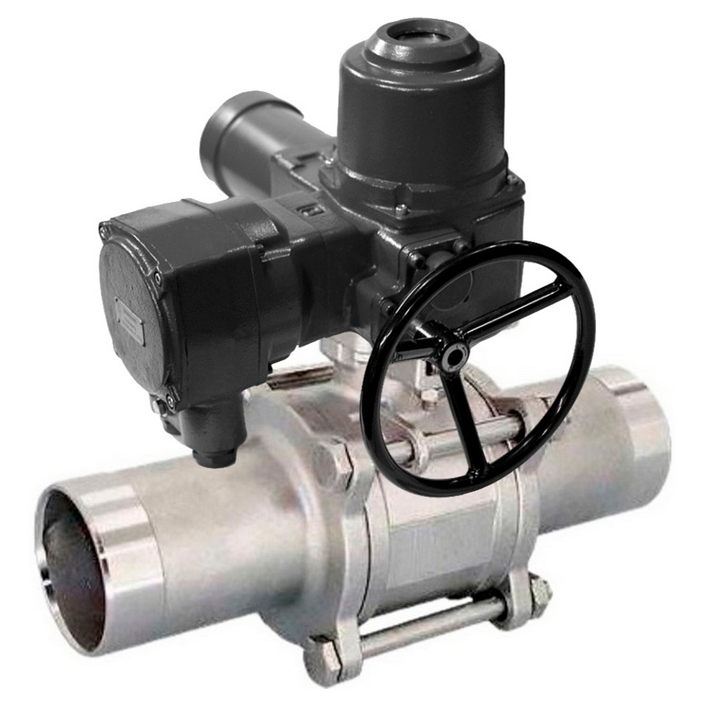 Кран шаровой DN.ru BV3131P(3pc)-FP-W-ISO-H LONG Ду80 Ру25 полнопроходной, корпус - нержавеющая сталь 304, уплотнение - PTFE, под приварку, с 1-оборотным электроприводом взрывозащищенным ГЗ-ОФВ-100/15 380В
