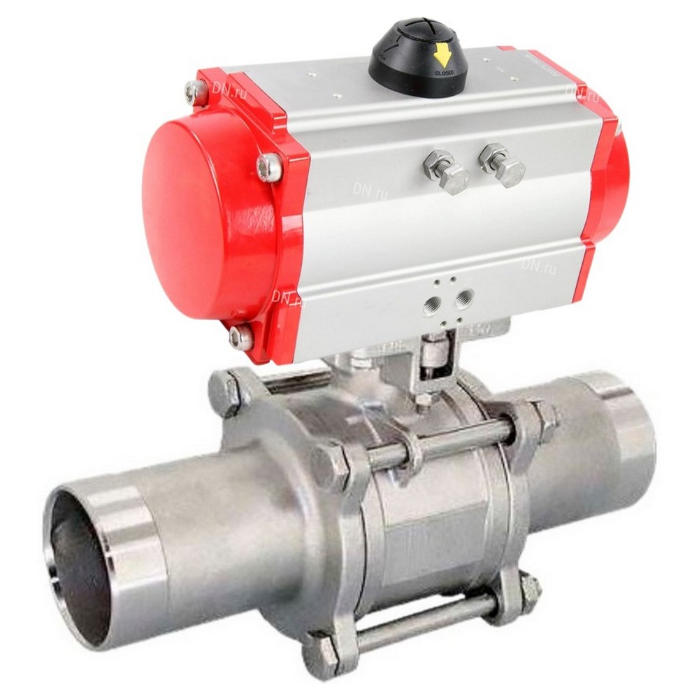 Кран шаровой DN.ru BV3131P(3pc)-FP-W-ISO-H LONG Ду50 Ру40 полнопроходной, корпус - нержавеющая сталь 304, уплотнение - PTFE, под приварку, с пневмоприводом DN.ru PA-SA-105