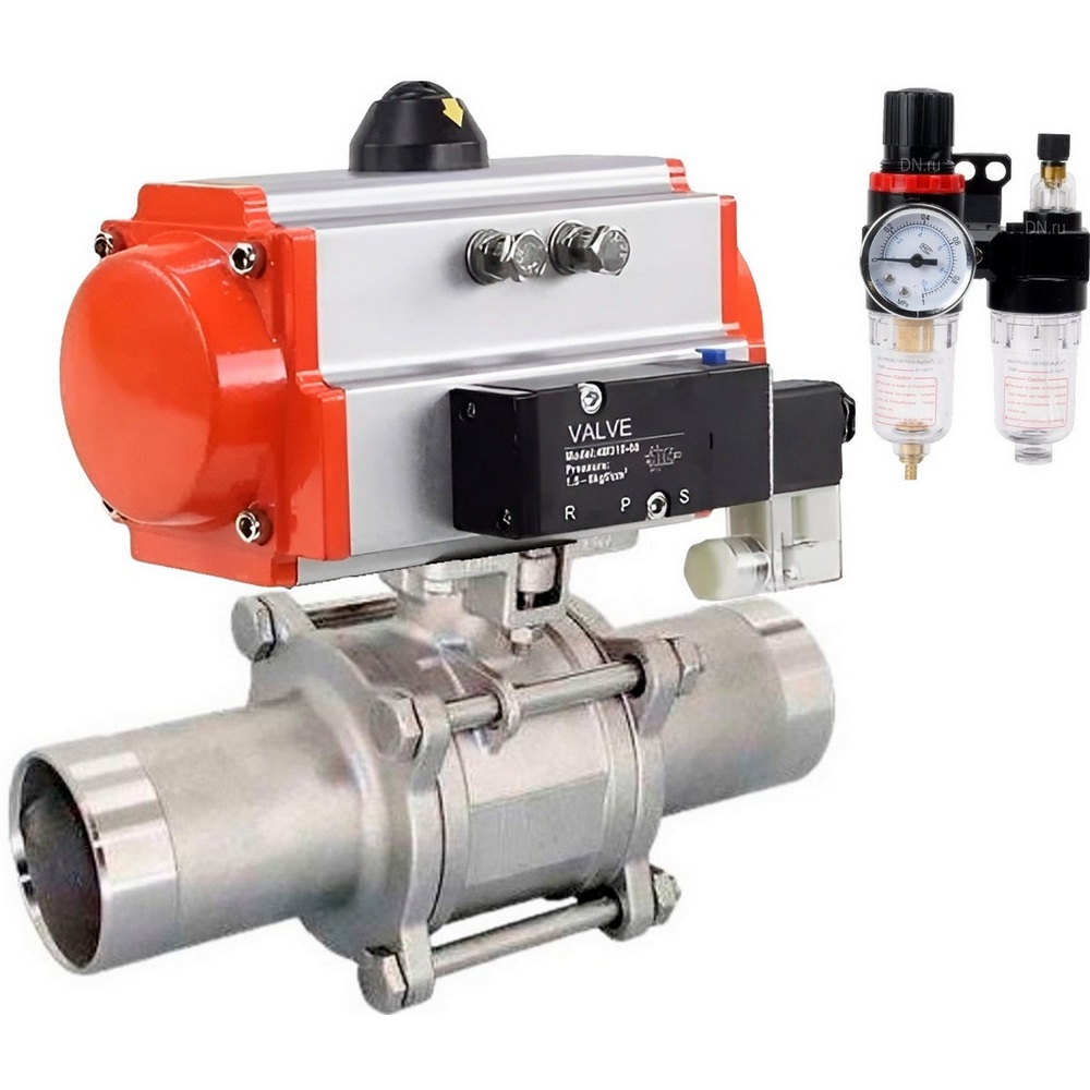 Кран шаровой DN.ru BV3232P(3pc)-FP-W-ISO-H LONG Ду20 Ру63 полнопроходной, корпус - нержавеющая сталь 316, уплотнение - PTFE, под приварку, с пневмоприводом PA-DA-065, пневмораспределителем 4M310-08 24В и БПВ AFC2000