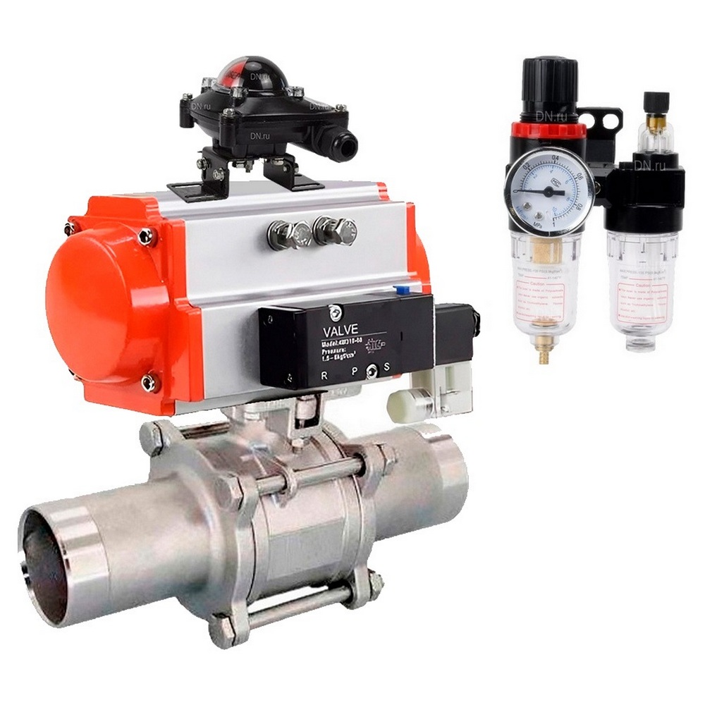 Кран шаровой DN.ru BV3131P(3pc)-FP-W-ISO-H LONG Ду15 Ру63 полнопроходной, корпус - нержавеющая сталь 304, уплотнение - PTFE, под приварку, с пневмоприводом DN.ru PA-SA-083, пневмораспределителем 4V320-08 220В, БКВ APL-210N и БПВ AFC2000