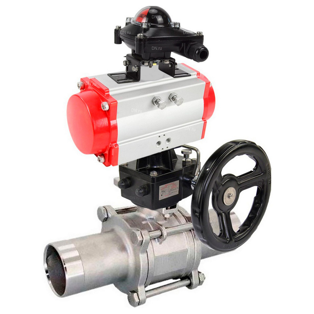 Кран шаровой DN.ru BV3131P(3pc)-FP-W-ISO-H LONG Ду80 Ру25 полнопроходной, корпус - нержавеющая сталь 304, уплотнение - PTFE, под приварку, с пневмоприводом DN.ru PA-DA-083, редуктором DN.ru MON2-450-T28-ISO и БКВ APL-210N