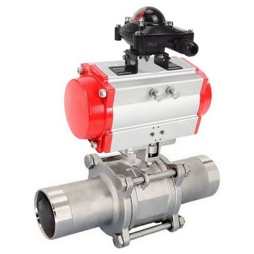 Краны шаровые DN.ru BV3131P(3pc)-FP-W-ISO-H LONG Ду10-150 Ру16-63 полнопроходные, корпус - нержавеющая сталь 304, под приварку, с пневмоприводом DN.ru PA-SA и блоком концевых выключателей APL-210N