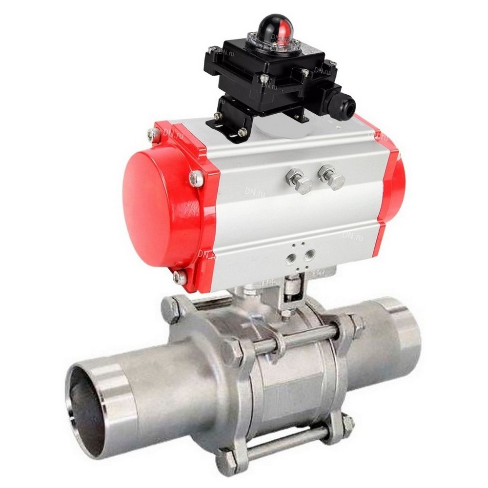 Кран шаровой DN.ru BV3131P(3pc)-FP-W-ISO-H LONG Ду10 Ру63 полнопроходной, корпус - нержавеющая сталь 304, уплотнение - PTFE, под приварку, с пневмоприводом DN.ru PA-DA-052 и БКВ APL-410N EX