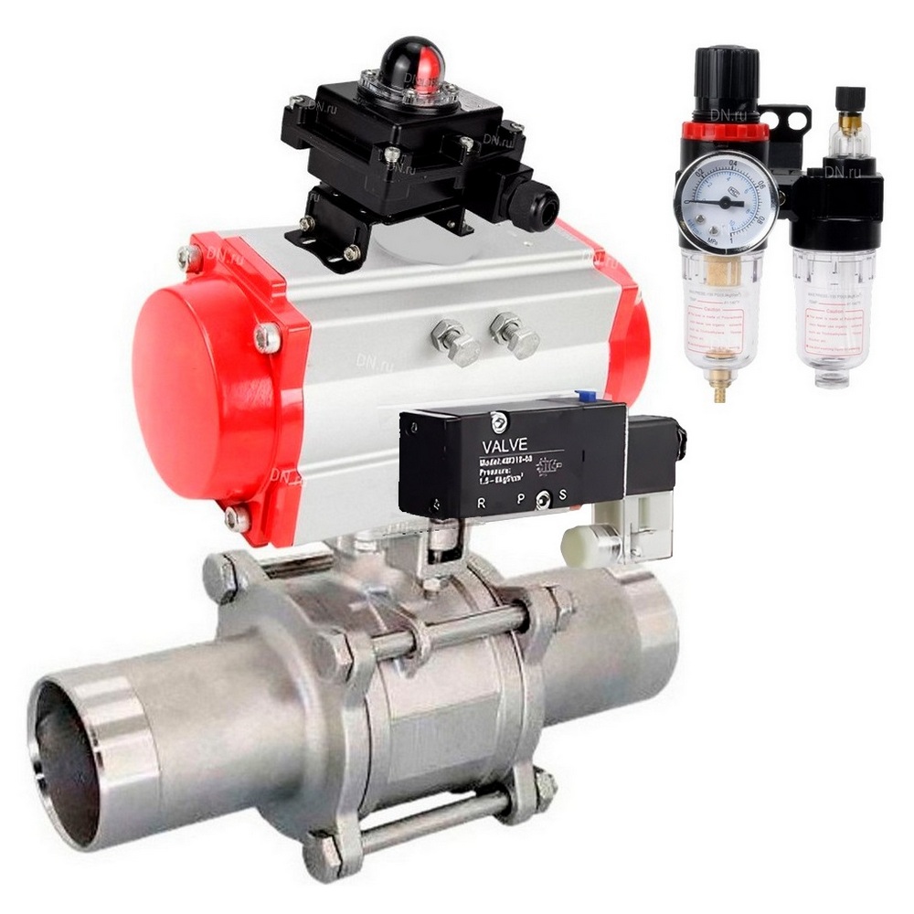 Кран шаровой DN.ru BV3232P(3pc)-FP-W-ISO-H LONG Ду32 Ру40 полнопроходной, корпус - нержавеющая сталь 316, уплотнение - PTFE, под приварку, с пневмоприводом DN.ru PA-SA-083, пневмораспределителем 4V320-10 220В, БКВ APL-410N EX и БПВ AFC2000