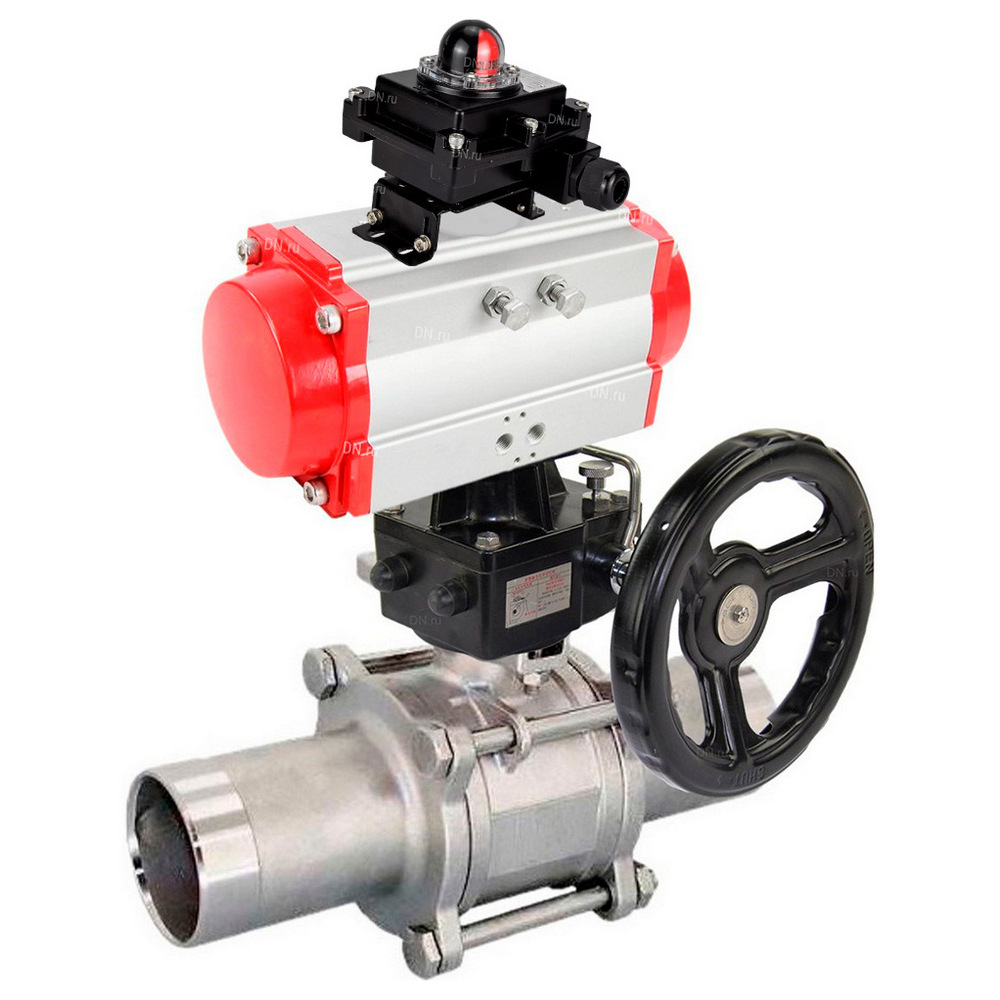 Кран шаровой DN.ru BV3131P(3pc)-FP-W-ISO-H LONG Ду100 Ру16 полнопроходной, корпус - нержавеющая сталь 304, уплотнение - PTFE, под приварку, с пневмоприводом DN.ru PA-DA-105, редуктором DN.ru MON3-700-T38-ISO и БКВ APL-410N EX