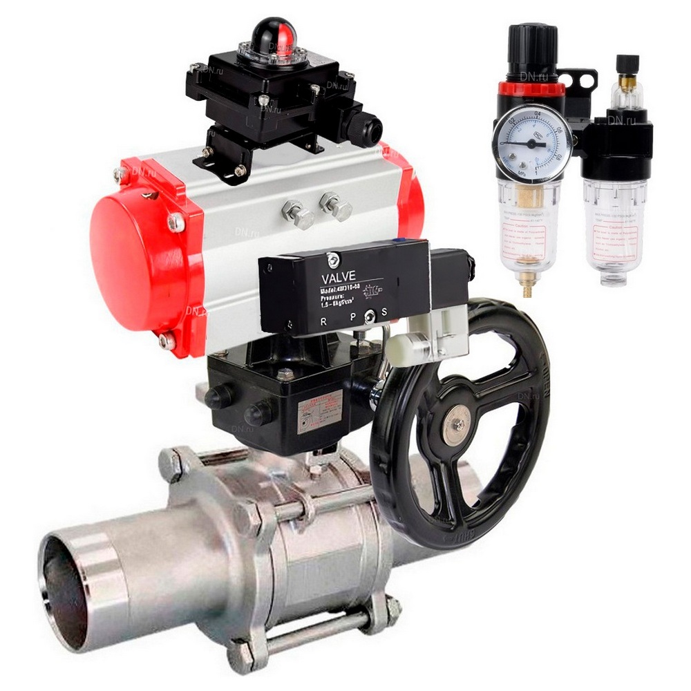 Кран шаровой DN.ru BV3131P(3pc)-FP-W-ISO-H LONG Ду65 Ру25 полнопроход., корпус - нерж.сталь 304, уплотнение - PTFE, под приварку, с пн.приводом PA-DA-083, пн.распределителем 4M310-08 24В, редуктором MON2-450-T28-ISO, БКВ APL-410N EX и БПВ AFC2000