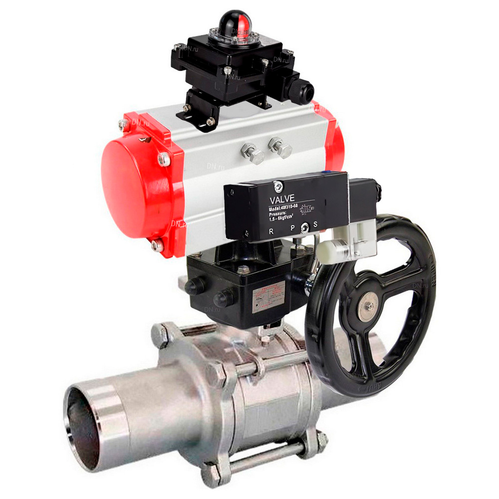 Кран шаровой DN.ru BV3131P(3pc)-FP-W-ISO-H LONG Ду50 Ру40, полнопроходной, нержавеющая сталь 304, уплотнение - PTFE, под приварку, с пневмоприводом PA-DA-083, с пневмораспределителем 4V320-10 220В, БКВ APL-510N Ex, ручным дублером MON2-450-T28-ISO