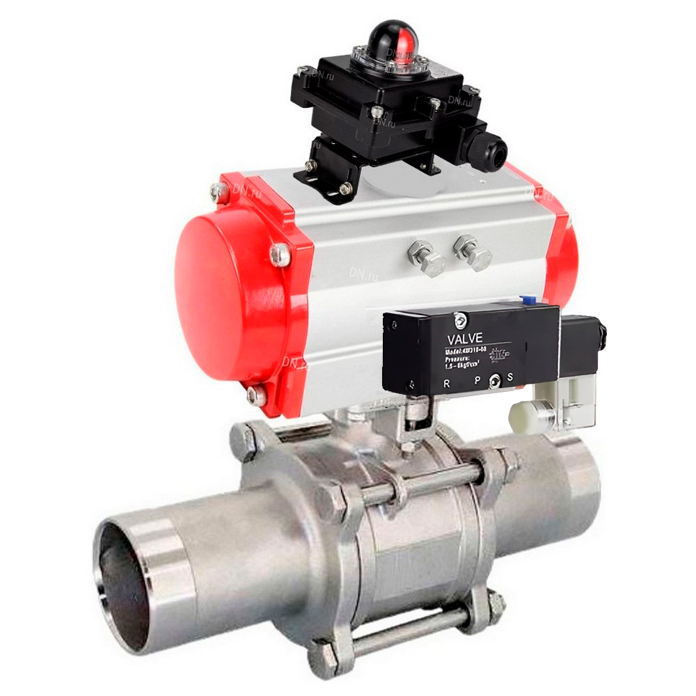 Кран шаровой DN.ru BV3131P(3pc)-FP-W-ISO-H LONG Ду150 Ру16 полнопроходной, корпус - нержавеющая сталь 304, уплотнение - PTFE, под приварку, с пневмоприводом DN.ru PA-SA-210, пневмораспределителем 4M310-08 220В и БКВ APL-410N EX