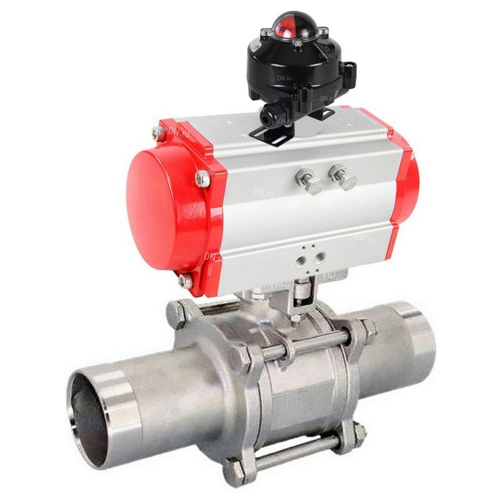 Кран шаровой DN.ru BV3232P(3pc)-FP-W-ISO-H LONG Ду15 Ру63 полнопроходной, корпус - нержавеющая сталь 316, уплотнение - PTFE, под приварку, с пневмоприводом DN.ru PA-DA-052 и БКВ APL-510N EX