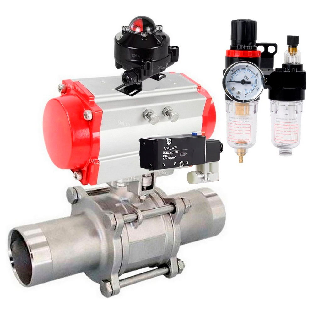 Кран шаровой DN.ru BV3232P(3pc)-FP-W-ISO-H LONG Ду40 Ру40 полнопроходной, корпус - нержавеющая сталь 316, уплотнение - PTFE, под приварку, с пневмоприводом DN.ru PA-SA-105, пневмораспределителем 4V320-08 220В, БКВ APL-510N EX и БПВ AFC2000