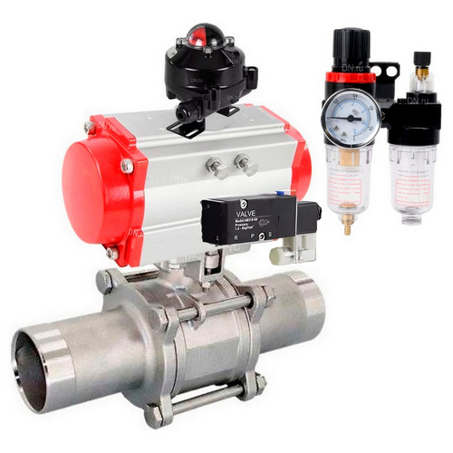 Краны шаровые DN.ru BV3131P(3pc)-FP-W-ISO-H LONG Ду10-150 Ру16-63 полнопроходные, корпус - нержавеющая сталь 304, под приварку, с пневмоприводом PA-DA, пневмораспределителем 4V320-10 220В, БКВ APL-510N EX и БПВ AFC2000