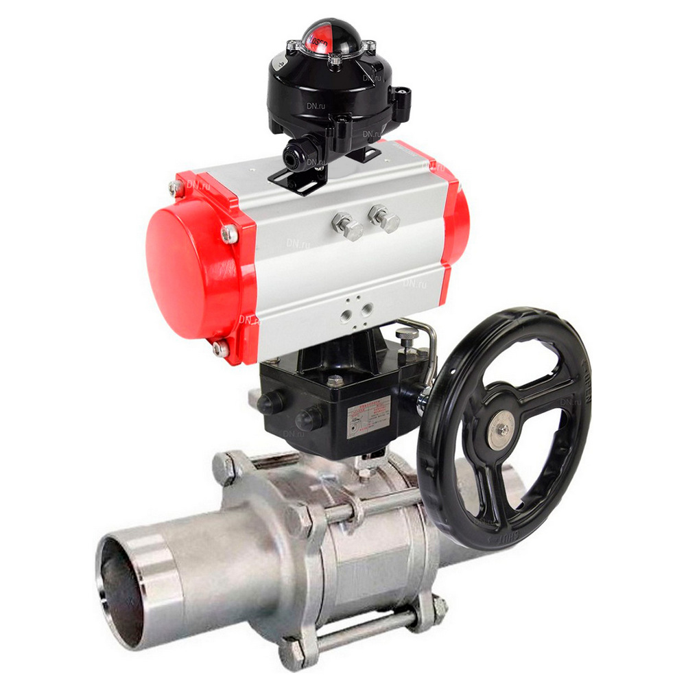 Кран шаровой DN.ru BV3232P(3pc)-FP-W-ISO-H LONG Ду100 Ру16 полнопроходной, корпус - нержавеющая сталь 316, уплотнение - PTFE, под приварку, с пневмоприводом DN.ru PA-DA-105, редуктором DN.ru MON3-700-T38-ISO и БКВ APL-510N EX