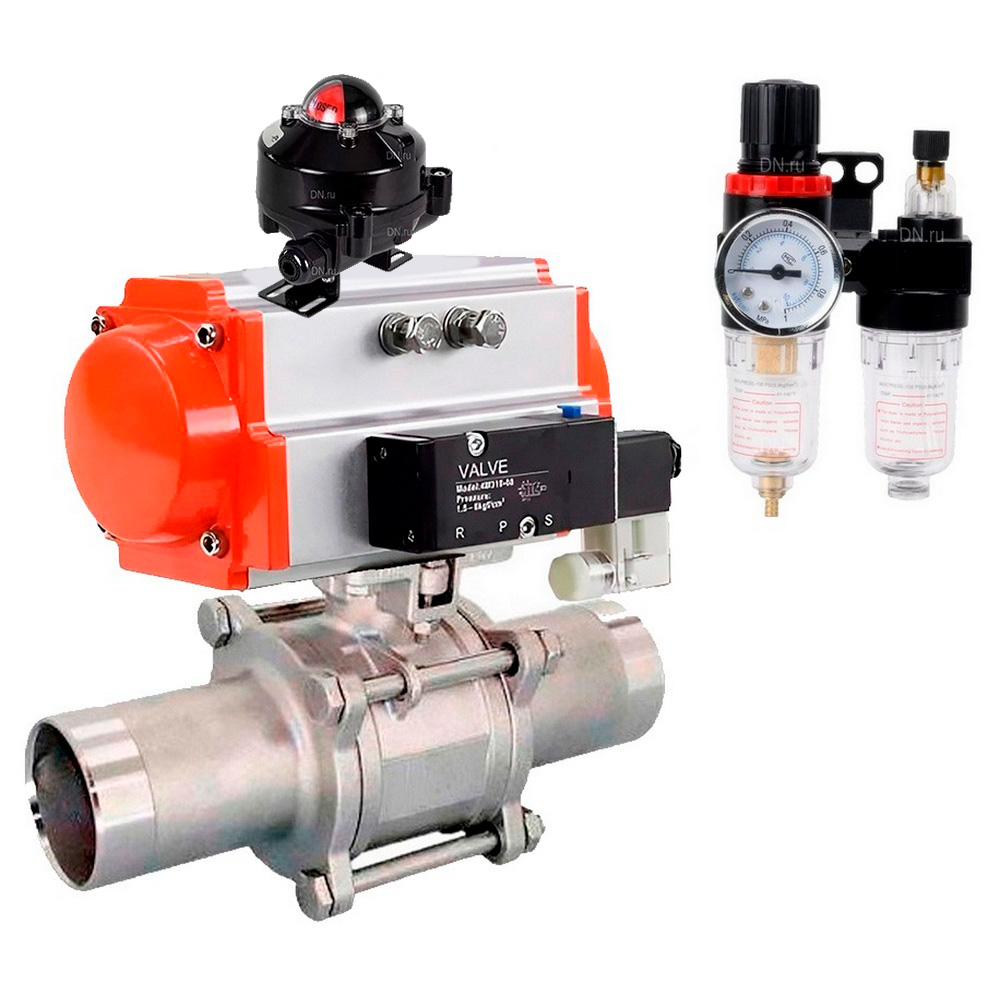 Кран шаровой DN.ru BV3131P(3pc)-FP-W-ISO-H LONG Ду65 Ру25 полнопроход., корпус - нерж.сталь 304, уплотнение - PTFE, под приварку, с пн.приводом PA-DA-083, пн.распределителем 4M310-08 24В, редуктором MON2-450-T28-ISO, БКВ APL-510N EX и БПВ AFC2000