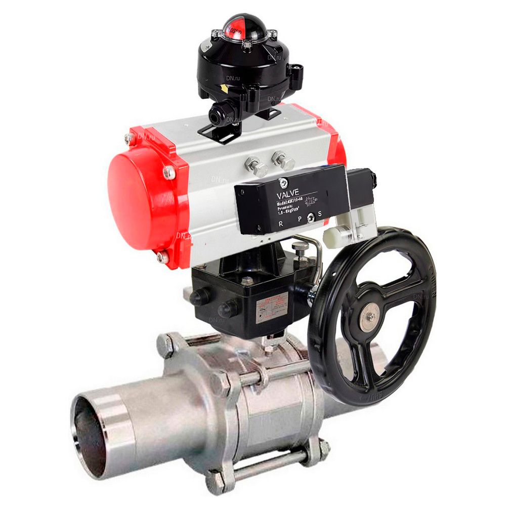 Кран шаровой DN.ru BV3232P(3pc)-FP-W-ISO-H LONG Ду125 Ру16 полнопроход., корпус - нерж.сталь 316, уплотнение - PTFE, под приварку, с пн.приводом PA-DA-130, пн.распределителем 4M310-08 24В, редуктором MON3-700-T38-ISO и БКВ APL-510N EX