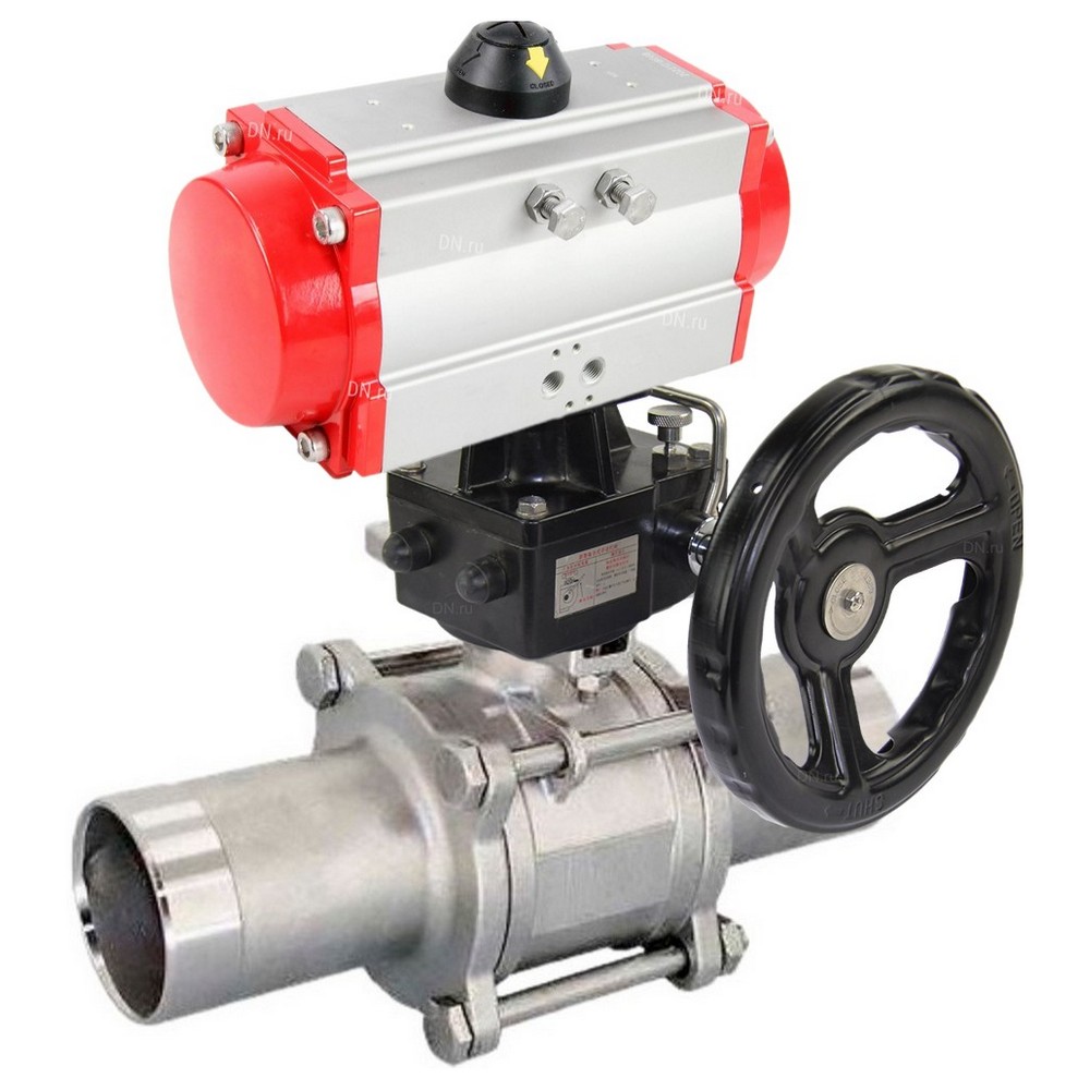 Кран шаровой DN.ru BV3131P(3pc)-FP-W-ISO-H LONG Ду150 Ру16 полнопроходной, корпус - нержавеющая сталь 304, уплотнение - PTFE, под приварку, с пневмоприводом DN.ru PA-DA-140 и редуктором DN.ru MON4-1200-T54-ISO