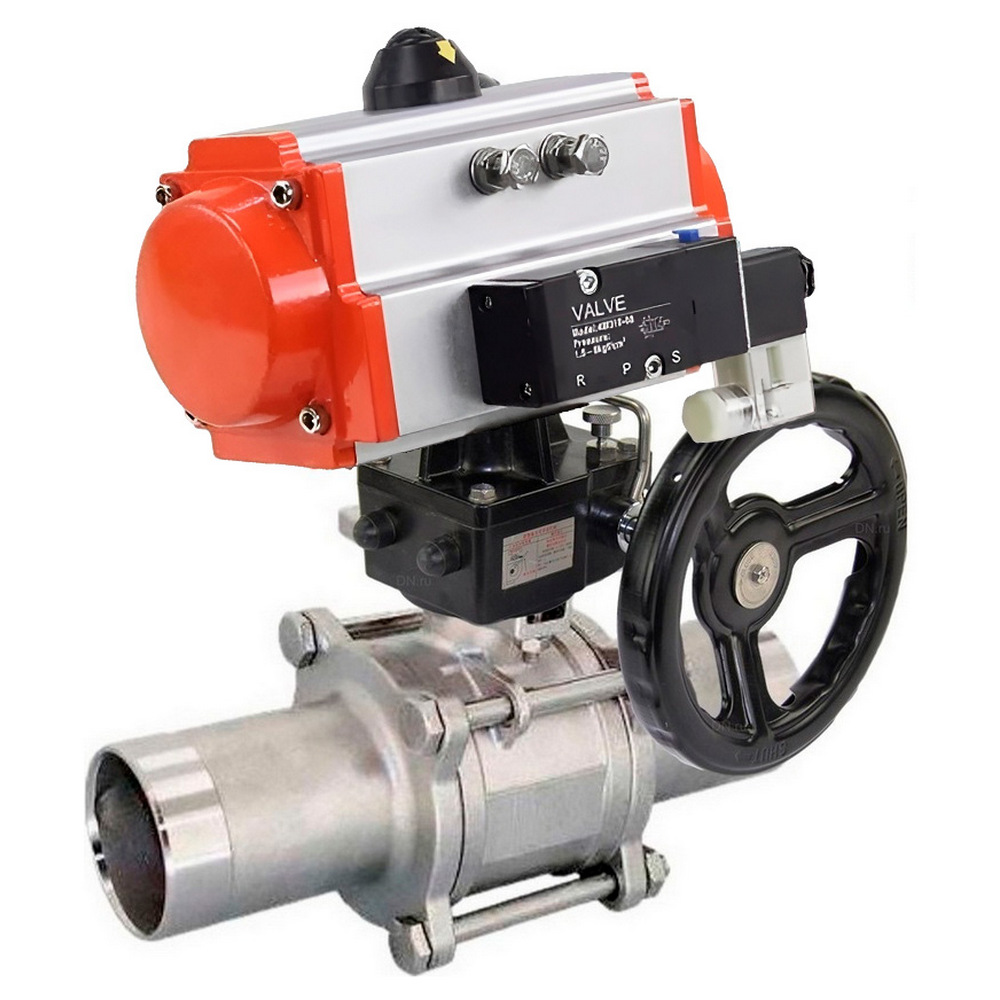 Кран шаровой DN.ru BV3131P(3pc)-FP-W-ISO-H LONG Ду150 Ру16 полнопроходной, корпус - нержавеющая сталь 304, уплотнение - PTFE, под приварку, с пневмоприводом PA-DA-140, пневмораспределителем 4M310-08 24В и редуктором MON4-1200-T54-ISO