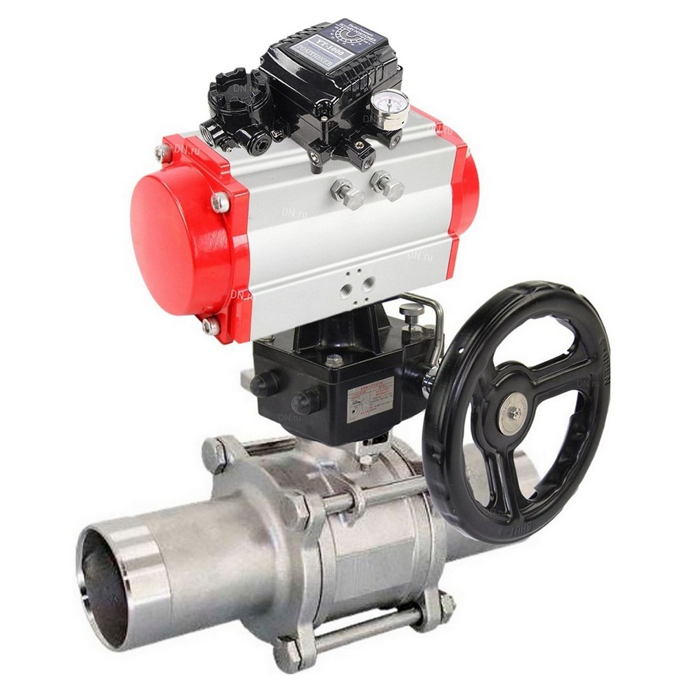 Кран шаровой DN.ru BV3232P(3pc)-FP-W-ISO-H LONG Ду80 Ру25 полнопроход., корпус - нерж.сталь 316, уплотнение - PTFE, под приварку, с пн.приводом DN.ru PA-DA-083, редуктором DN.ru MON2-450-T28-ISO и пневмопозиционером YT-1000RSN с обратной связью