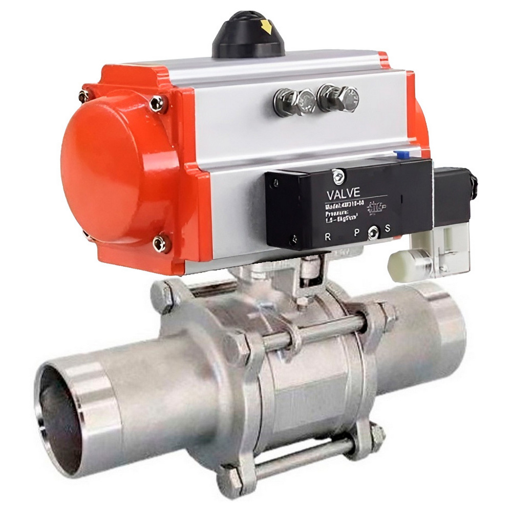 Кран шаровой DN.ru BV3131P(3pc)-FP-W-ISO-H LONG Ду50 Ру40 полнопроходной, корпус - нержавеющая сталь 304, уплотнение - PTFE, под приварку, с пневмоприводом DN.ru PA-SA-105 и пневмораспределителем 4M310-08 24В