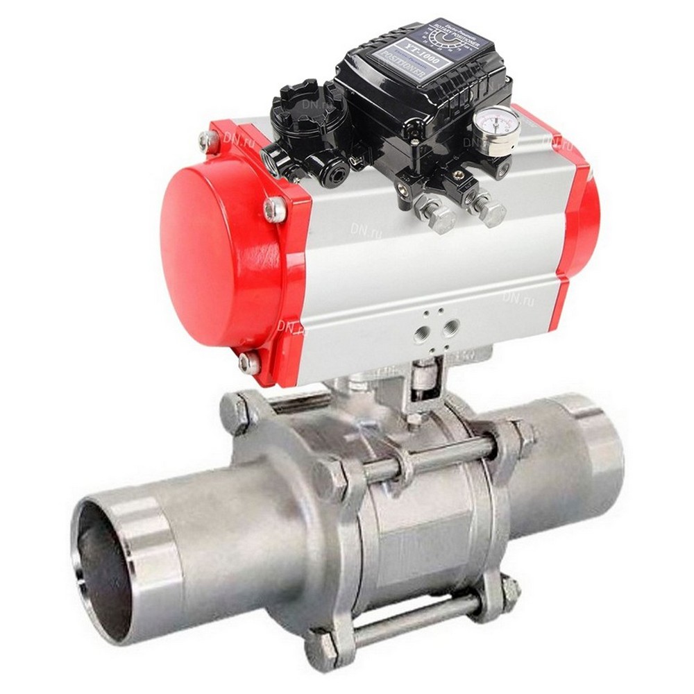 Кран шаровой DN.ru BV3232P(3pc)-FP-W-ISO-H LONG Ду15 Ру63 полнопроходной, корпус - нержавеющая сталь 316, уплотнение - PTFE, под приварку, с пневмоприводом DN.ru PA-DA-052 и пневмопозиционером YT-1000RSN без обратной связи