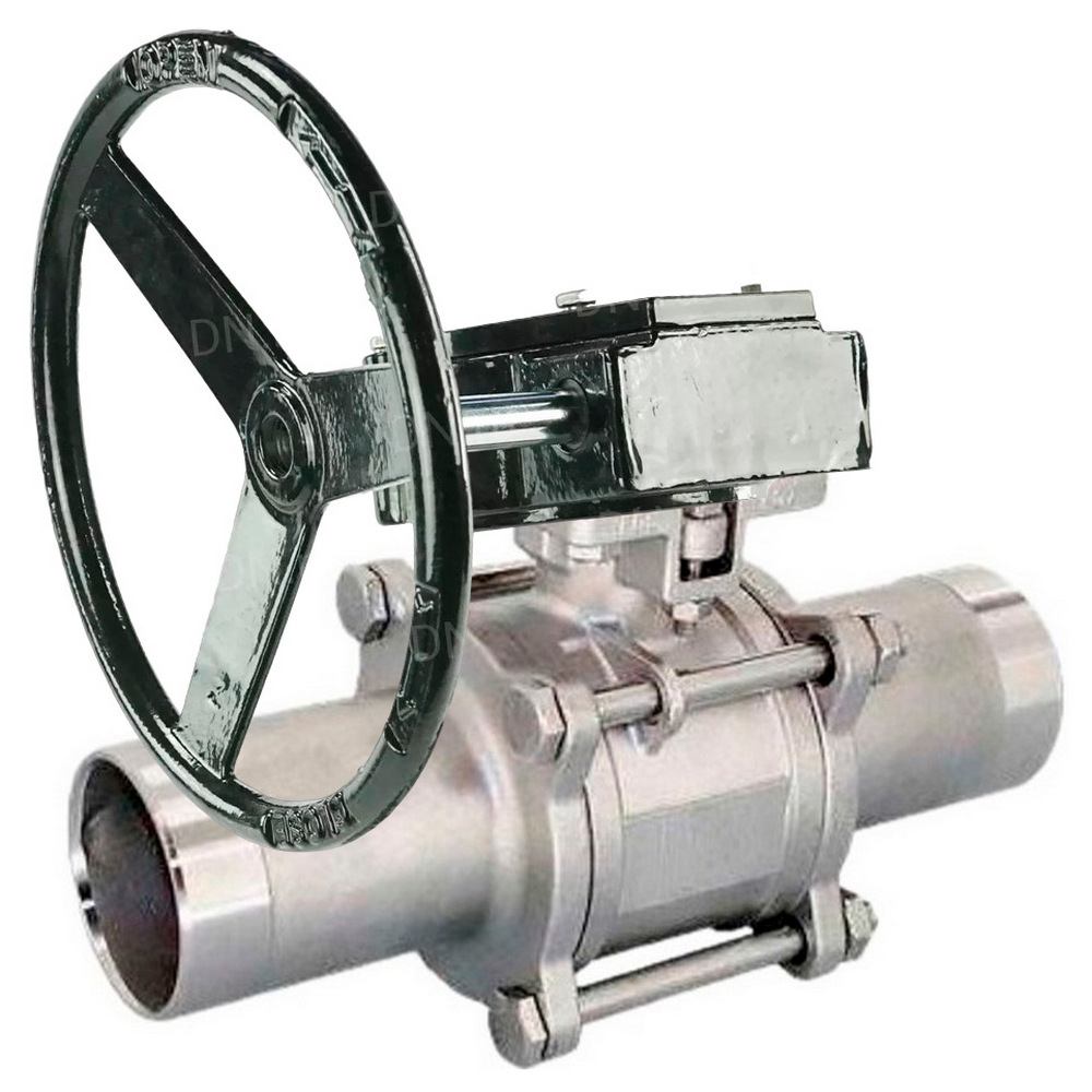 Кран шаровой DN.ru BV3131P(3pc)-FP-W-ISO-H LONG Ду65 Ру25 полнопроходной, корпус - нержавеющая сталь 304, уплотнение - PTFE, под приварку, с редуктором четвертьоборотным DN.ru RDN RQN4-500Z-T30