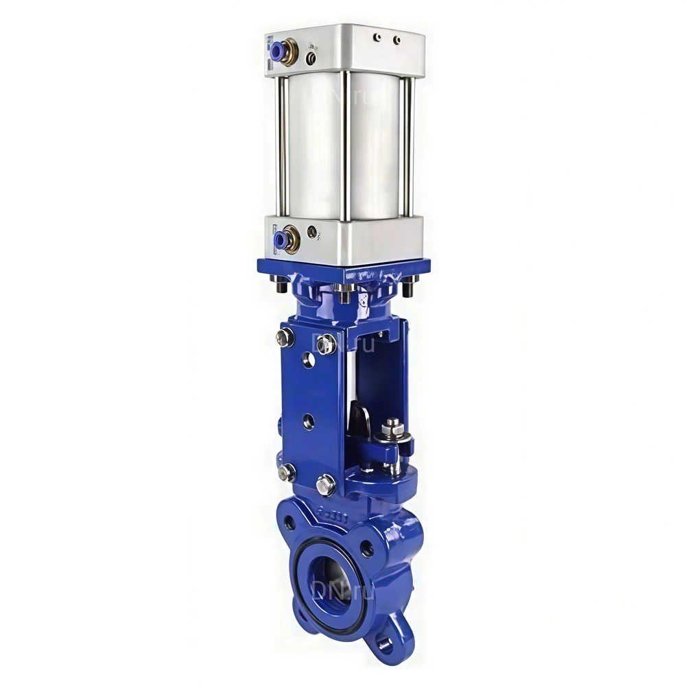 Задвижка шиберная DN.ru GVKR1331E-2W-Fb-2P Ду80 Ру16 двусторонняя, межфланцевая, шпиндель - выдвижной, корпус - чугун GGG40, шибер - нержавеющая сталь 304, уплотнение - EPDM, с пневмоприводом, WENZ