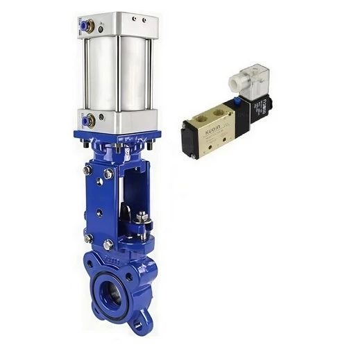 Задвижки шиберные DN.ru GVKR1331E-2W-Fb-2P Ду300 Ру6 двусторонние, межфланцевые, шпиндель - выдвижной, корпус - чугун GGG40, шибер - нержавеющая сталь 304, уплотнение - EPDM, WENZ, с пневмоприводом и пневмораспределителем 4V210-08 24В KUOIN