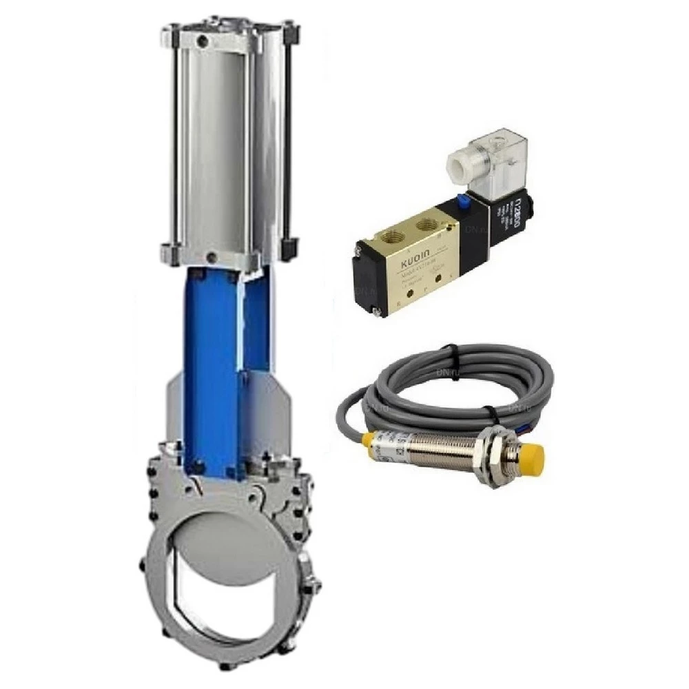 Задвижка шиберная DN.ru GVKR3131E-2W-Fb-2P Ду50 Ру16 межфланцевая, шпиндель - выдвижной, корпус - нерж.сталь 304, шибер - нерж.сталь 304, уплотнение - EPDM, WENZ, пн/привод, пн/распределитель 4V210-08 220В KUOIN и индукционными датчики LJ12A3-4-J/EZ 220В