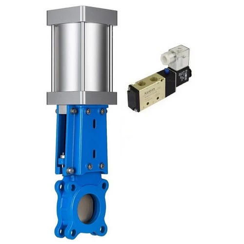 Задвижки шиберные DN.ru GVKR3131M-1W-Fb-2P Ду150 Ру10 односторонние, межфланцевые, шпиндель - выдвижной, корпус - нержавеющая сталь 304, шибер - нержавеющая сталь 304, уплотнение - металл, WENZ, с пневмоприводом и пневмораспределителем 4V210-08 24В KUOIN