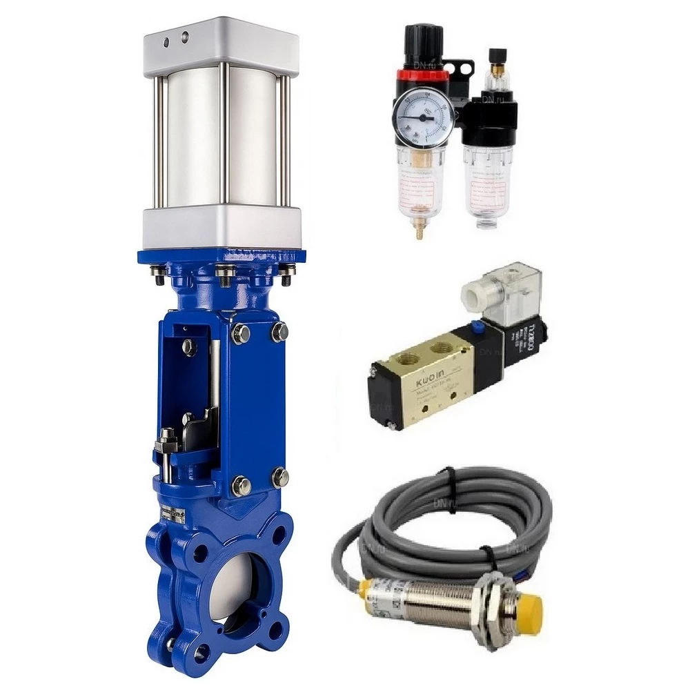 Задвижка шиберная DN.ru GVKR3431M-1W-Fb-2P Ду100 Ру16 односторонняя, межфланцевая, шпиндель - выдвижной, корпус - сталь WCB, шибер - нерж.сталь 304, металл, WENZ, с пн.приводом, пн.распредел 4V210-08 220В KUOIN, датчиками LJ12A3-4-J/EZ 220В и БПВ AFC2000