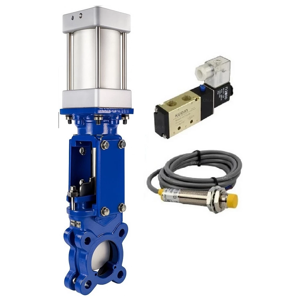 Задвижка шиберная DN.ru GVKR3431M-1W-Fb-2P Ду100 Ру16 односторонняя, межфланцевая, шпиндель - выдвижной, корпус - сталь WCB, шибер - нерж.сталь 304, металл, WENZ, с пн.приводом, пн.распределителем 4V210-08 220В KUOIN и индукц.датчиками LJ12A3-4-J/EZ 220В