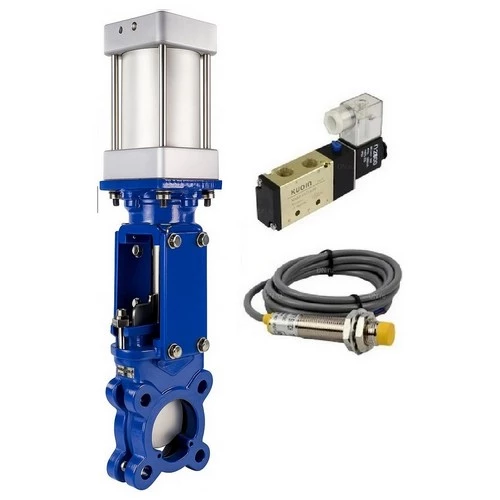 Задвижки шиберные DN.ru GVKR3431M-1W-Fb-2P Ду100 Ру16 односторонние, межфланцевые, шпиндель - выдвижной, корпус - сталь WCB, шибер - нержав.сталь 304, металл, WENZ, с пн.приводом, пн.распределителем 4V210-08 24В KUOIN и индукц.датчиками LJ12A3-4-Z/EX 24В