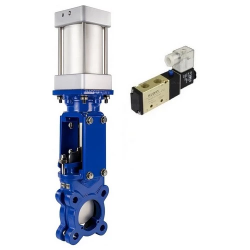 Задвижки шиберные DN.ru GVKR3431M-1W-Fb-2P Ду100 Ру16 односторонние, межфланцевые, шпиндель - выдвижной, корпус - сталь WCB, шибер - нержавеющая сталь 304, уплотнение - металл, WENZ, с пневмоприводом и пневмораспределителем 4V210-08 24В KUOIN