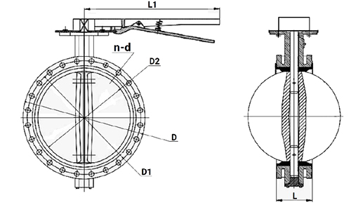 Затвор дисковый поворотный DN.ru WBV1331E-2W-F-H Ду65 Ру16 фланцевый, корпус - чугун GGG40, диск - нержавеющая сталь 304, уплотнение - EPDM, с рукояткой, с ISO-фланцем F05, квадрат штока 9х9