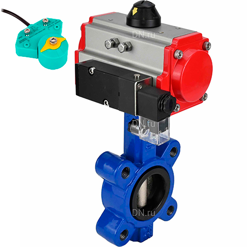 Затворы дисковые поворотные DN.ru WBV1616E-2W-Fb-H Ду50-150 Ру16 LUG корпус - чугун QT450, диск - чугун QT450, уплотнение - EPDM, с пневмоприводом PA-DA-XXX, пневмораспределителем 4M310-08 220В и магнитным переключателем ALS200D