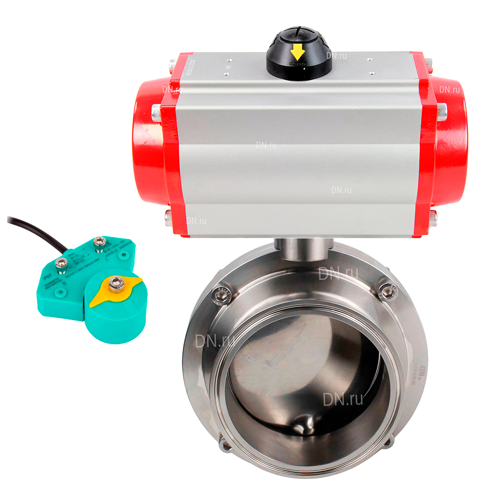 Затвор дисковый поворотный кламповый DN.ru WBV3131S-2W-C-H Ду50 Ру10 корпус - пищевая нержавеющая сталь 304, уплотнение - Silicon, с пневмоприводом PA-DA-052 и магнитным переключателем ALS200D