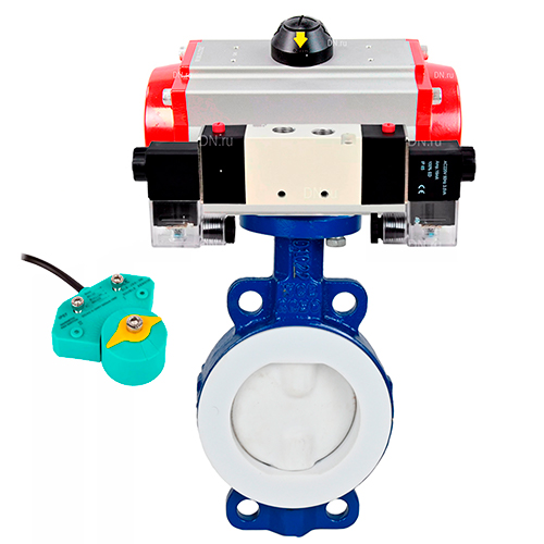 Затворы дисковые поворотные DN.ru WBV3434Pf-2W-Fb-H Ду50-300 Ру16 корпус - углеродистая сталь WCB, диск - углеродистая сталь WCB, уплотнение - PTFE, с пневмоприводом PA-DA-XXX, пневмораспределителем 4V320-10 220В и магнитным переключателем ALS200D