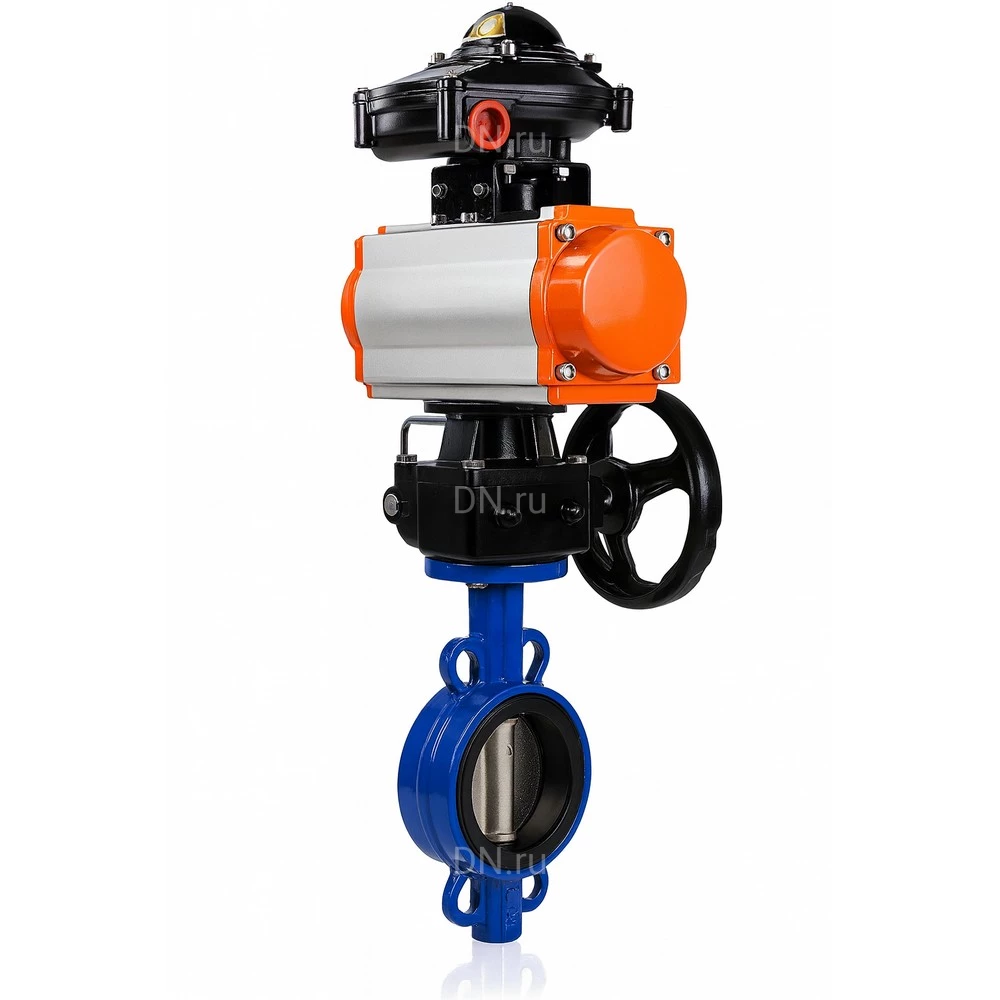 Затворы дисковые поворотные DN.ru WBV0232E-2W-Fb-H Ду25-32 Ру16 межфланцевые, корпус - алюминиевый сплав, диск - нержавеющая сталь 316L, уплотнение - EPDM, с пневмоприводом PA-DA двойного действия, БКВ APL-510N EX и ручным дублером MON