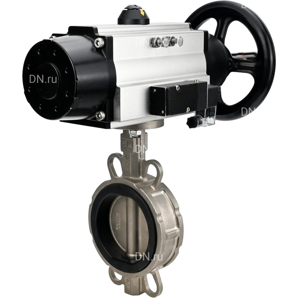 Затворы дисковые поворотные DN.ru WBV3131V-2W-Fb-H Ду150 Ру16 межфланцевые, корпус - нержавеющая сталь 304, диск - нержавеющая сталь 304, уплотнение - VITON, с пневмоприводом PA-DA-105-1 и пневмораспределителем 4M310-08 24В NAMUR