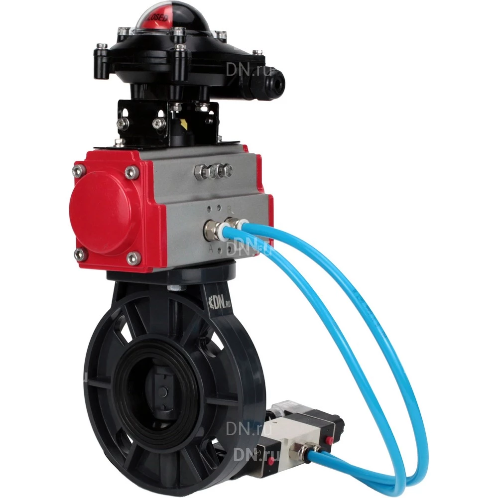 Затвор дисковый поворотный DN.ru WBV4242E-2W-Fb-ISO Дн150 Ру10 межфланцевый, корпус - НПВХ, диск - НПВХ, уплотнение - EPDM, с пневмоприводом PA-DA-083, пневмораспределителем 4V320-10 220В и БКВ APL-210N