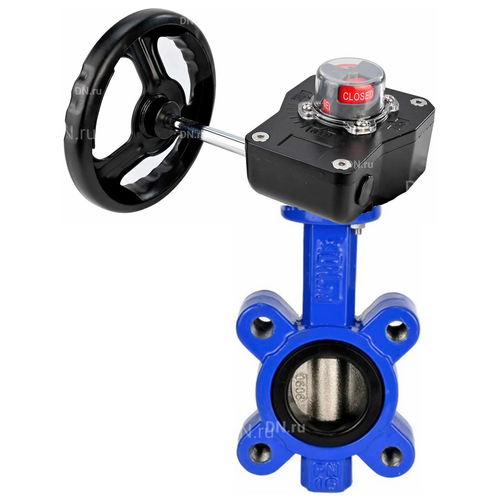 Затворы дисковые поворотные DN.ru WBV1616E-2W-Fb-H Ду50-150 Ру16 LUG межфланцевые, корпус - чугун QT450, диск - чугун QT450, уплотнение - EPDM, с редуктором HGB RQN-xZ