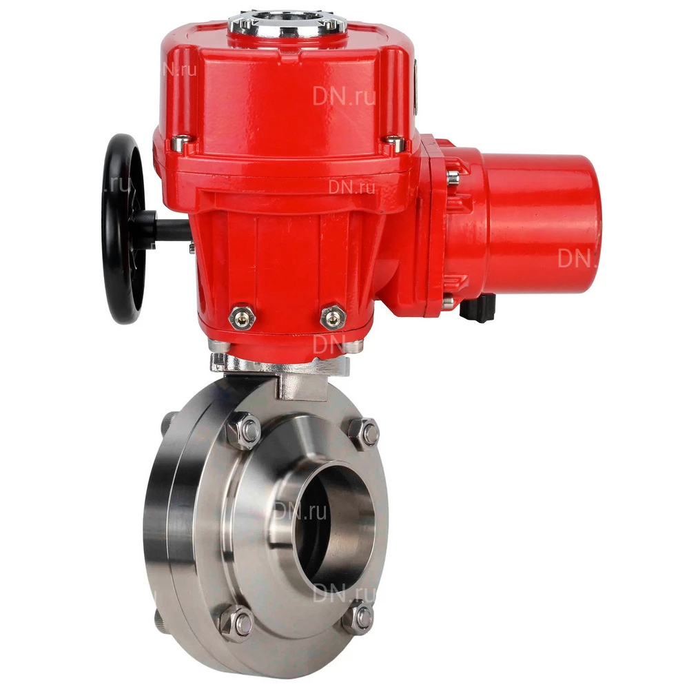 Затворы дисковые поворотные DN.ru WBV3131E-2W-W-H Ду15-100 Ру10 под приварку, корпус - пищевая нержавеющая сталь 304, уплотнение - EPDM, с электроприводом QT-EX-M-O2-220VAC-У1 с моментной муфтой и штурвалом