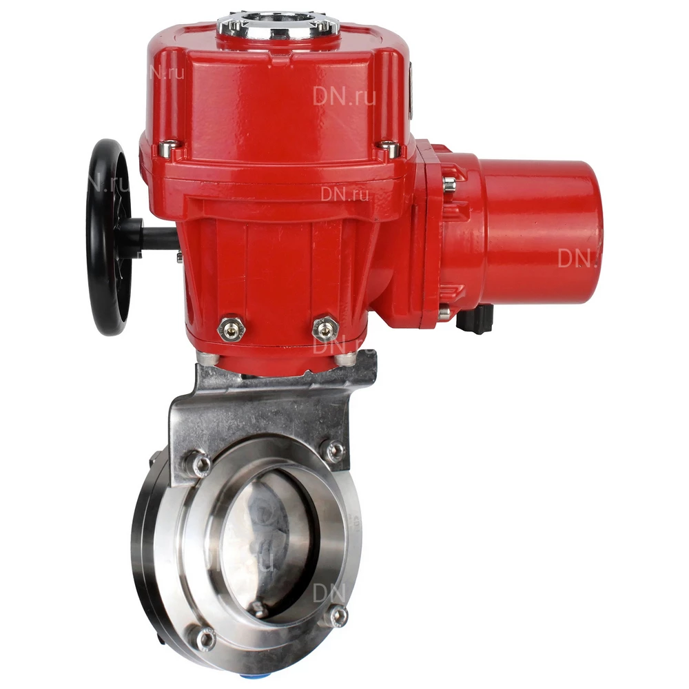 Затворы дисковые поворотные DN.ru WBV3131E-2W-C-H Ду15-100 Ру10 кламповые, корпус - пищевая нержавеющая сталь 304, уплотнение - EPDM, с электроприводом QT-EX-M-O2-220VAC-У1 с моментной муфтой и штурвалом