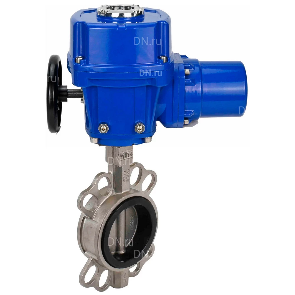 Затворы дисковые поворотные DN.ru WBV3131V-2W-Fb-H Ду50-200 Ру16 межфланцевые, корпус - нержавеющая сталь 304, диск - нержавеющая сталь 304, уплотнение - VITON, с электроприводом QT-N-M-O2-380VAC-У1 с моментной муфтой и штурвалом