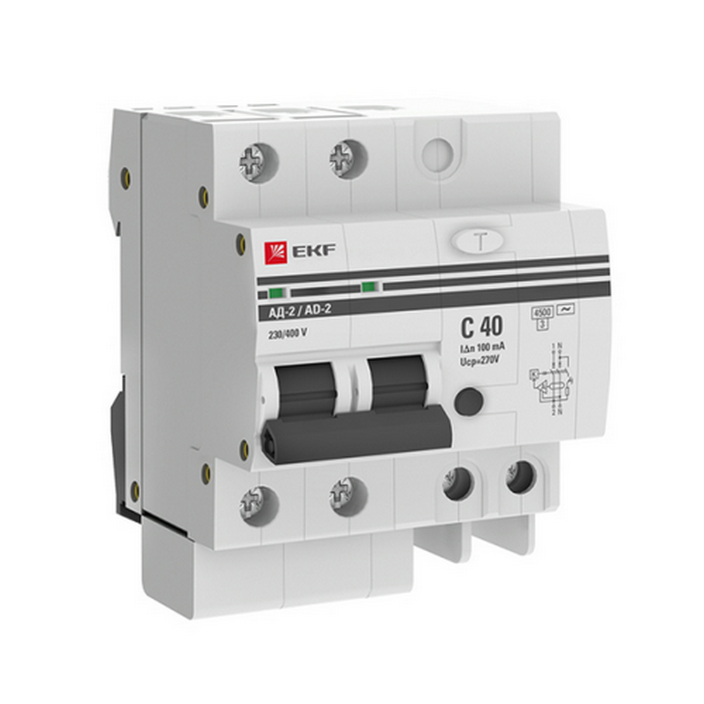 Автоматический выключатель дифференциального тока двухполюсный EKF PROxima АД-2 С40 АС100 1P+N, ток утечки - 100 мА, переменный, сила тока - 40 А, отключающая способность - 4.5 кА