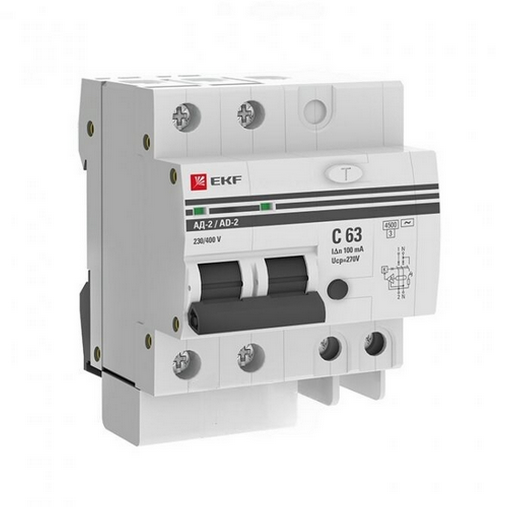 Автоматический выключатель дифференциального тока двухполюсный EKF PROxima АД-2 С63 АС100 1P+N, ток утечки - 100 мА, переменный, сила тока - 63 А, отключающая способность - 4.5 кА