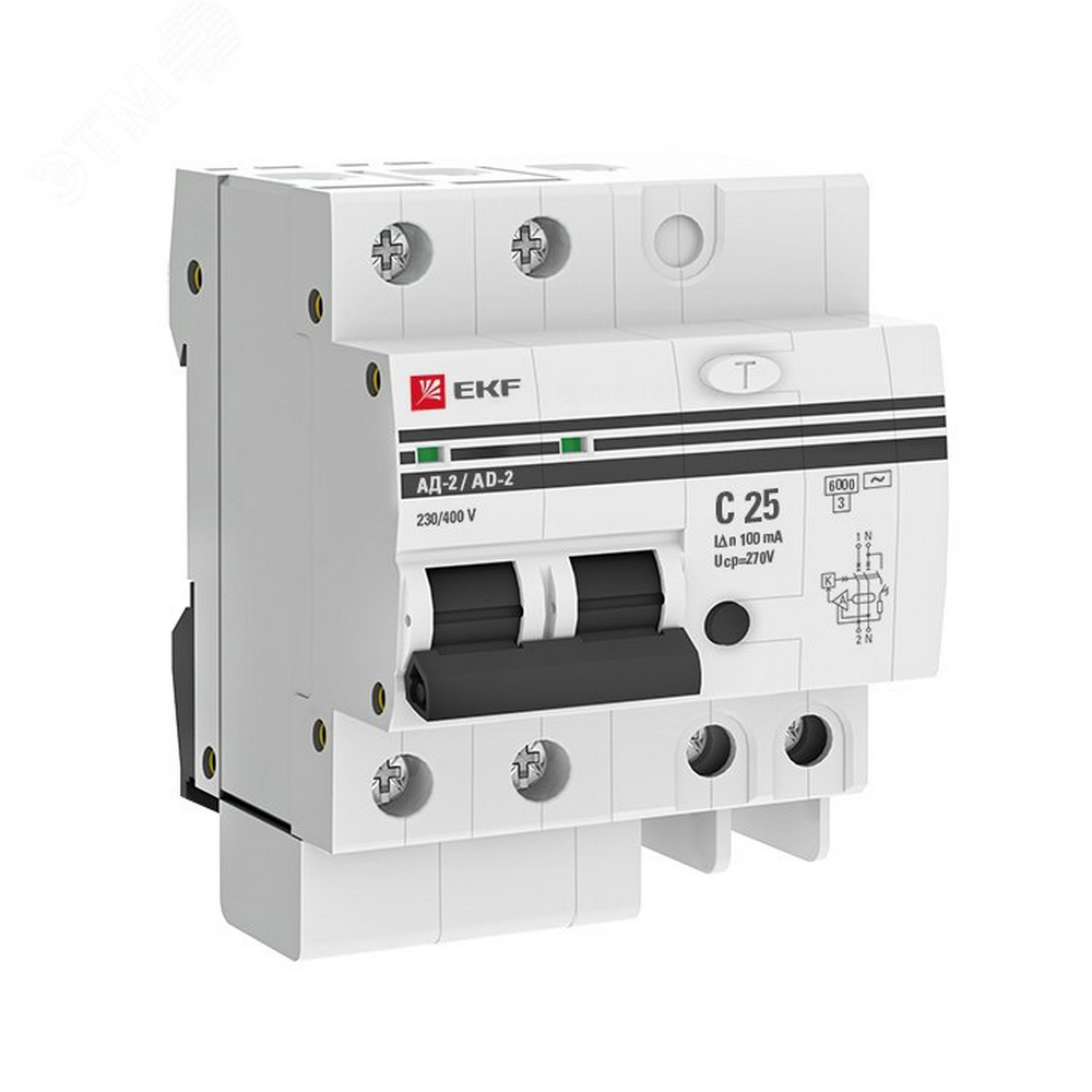 Автоматический выключатель дифференциального тока двухполюсный EKF PROxima АД-2 С25 АС100 1P+N, ток утечки - 100 мА, переменный, сила тока - 25 А, отключающая способность - 6 кА