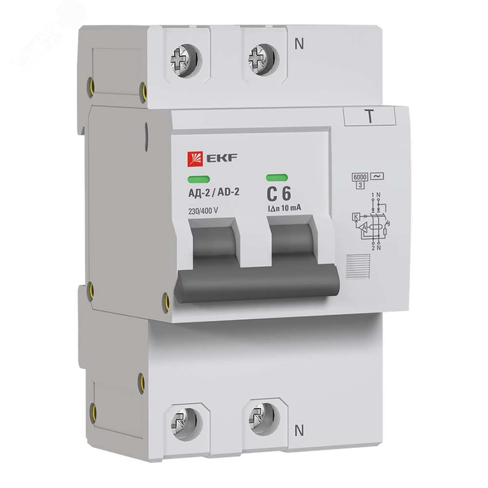 Автоматический выключатель дифференциального тока двухполюсный EKF PROxima АД-2 С6 АС10 1P+N, ток утечки - 10 мА, переменный, сила тока - 6 А, отключающая способность - 6 кА
