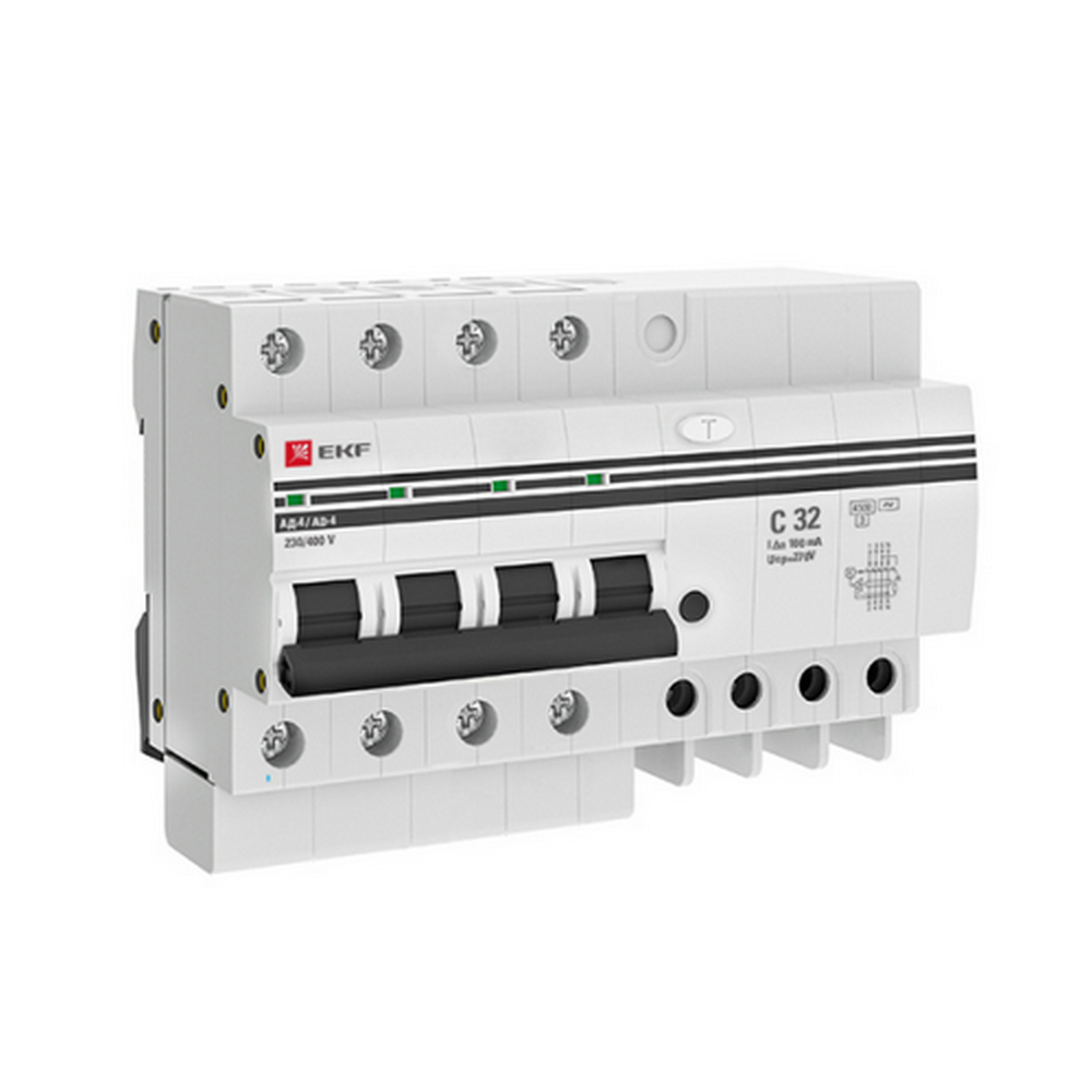 Автоматический выключатель дифференциального тока четырехполюсный EKF PROxima АД-4 С32 АС100 3P+N, ток утечки - 100 мА, переменный, сила тока - 32 А, отключающая способность - 4.5 кА