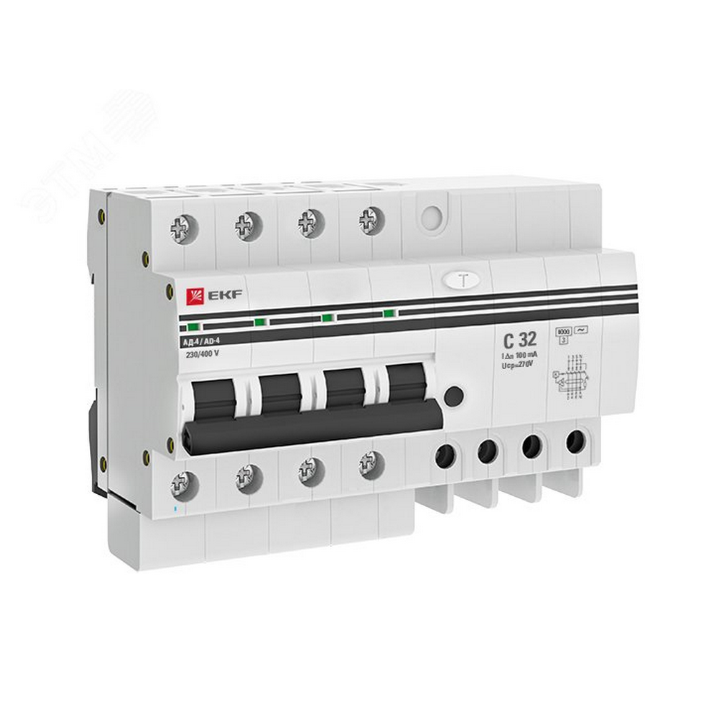 Автоматический выключатель дифференциального тока четырехполюсный EKF PROxima АД-4 С32 АС100 3P+N, ток утечки - 100 мА, переменный, сила тока - 32 А, отключающая способность - 6 кА